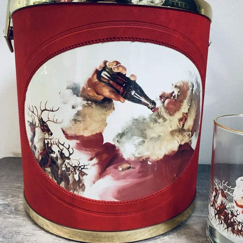 Vintage 1993 Coca Cola Red Felt Ice Bucket W/ Three 14 Ounce Glasses
